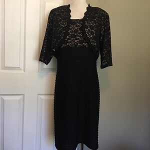 R&M Richards Black 2 Piece Cocktail Dress 3/4 Sleeve Scoop Neck Sparkles